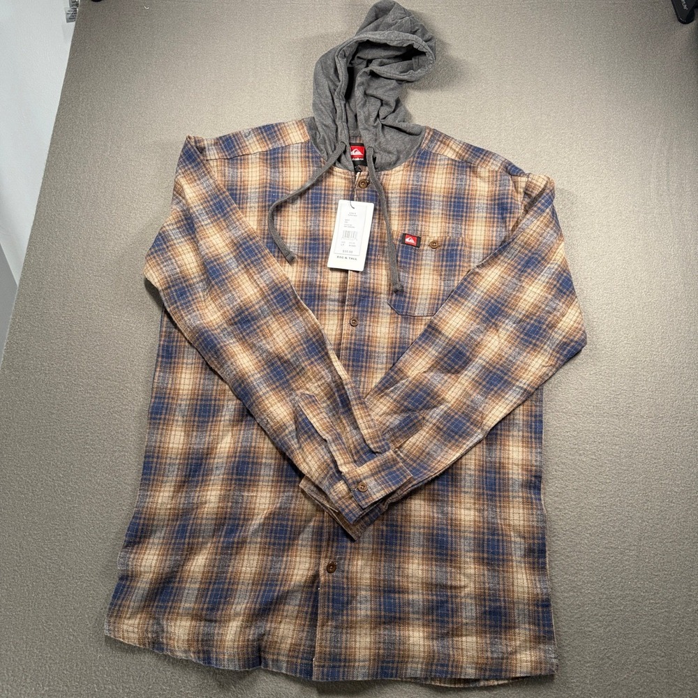 Quiksilver Hooded Flannel Shirt Mens LT Khaki Blue Plaid Big & Tall QSFLNHD02KL